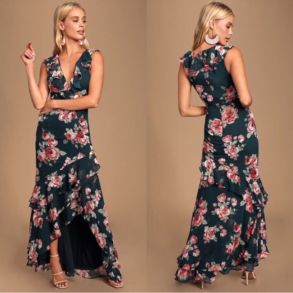 Lulus | Secret Romance Dark Green Floral Print High-Low Maxi Dress